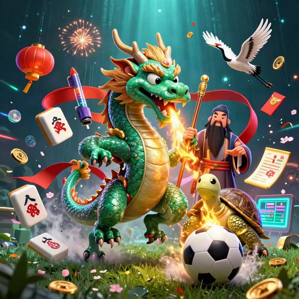 Naga zamrud, kura bijak, dan bangau di tengah bola sepak, cahaya neon, dan efek kasino.