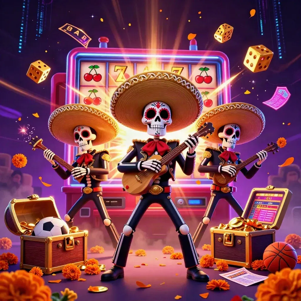 Trio skeleton mariachi di ledakan slot emas, bola olahraga, dan neon kasino gelap.