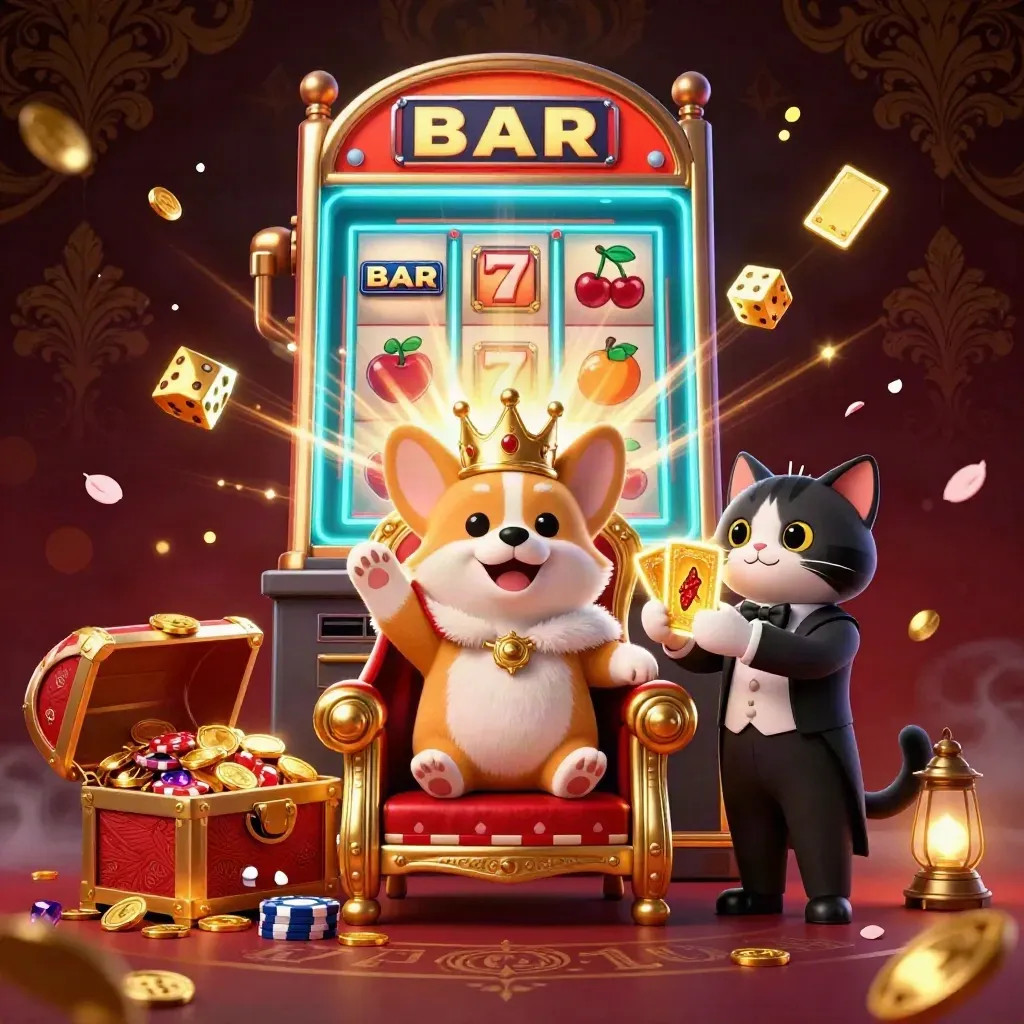 Korgi raja dan pelayan kucing di tengah ledakan koin, dadu, dan mesin slot bercahaya.