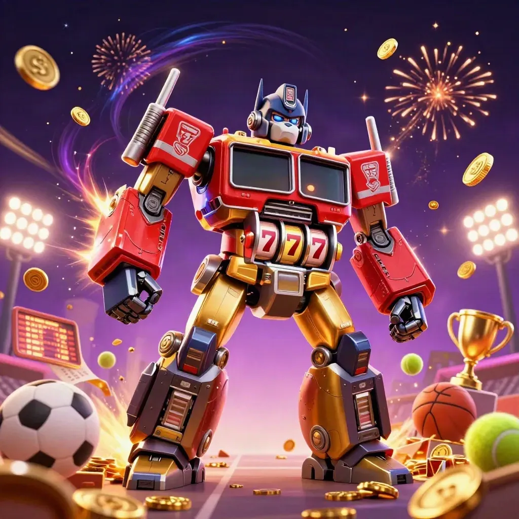Gorila mech emas dan monyet pilot dikelilingi koin, bola olahraga, trofi, dan cahaya neon.