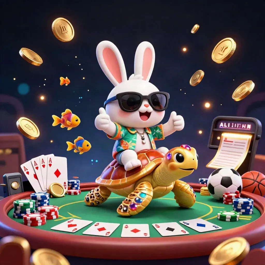 Kelinci kartun di penyu emas dikelilingi koin, kartu poker, dan efek ledakan emas.