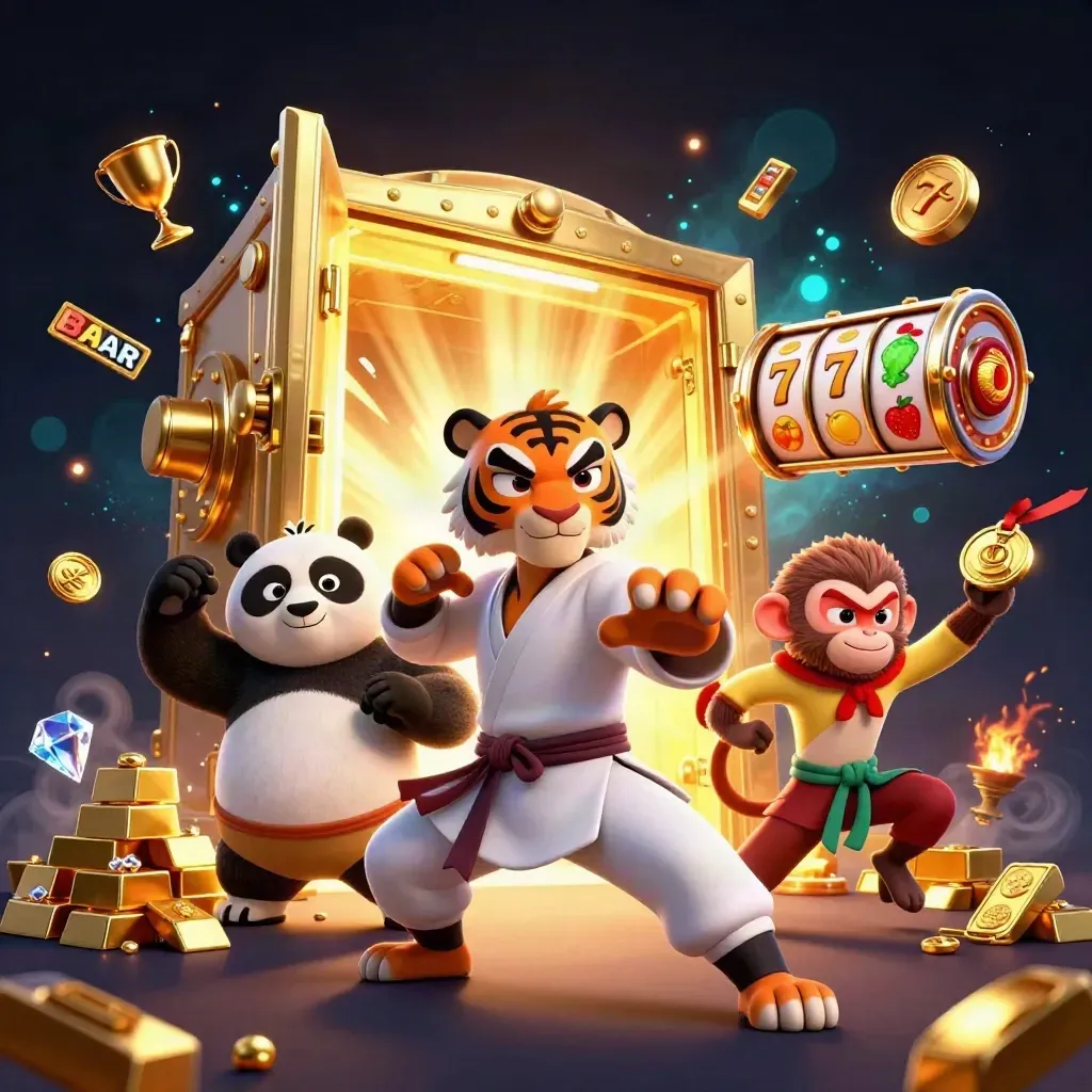 Harimau kung-fu, panda, dan monyet di tengah ledakan peti harta kasino emas.